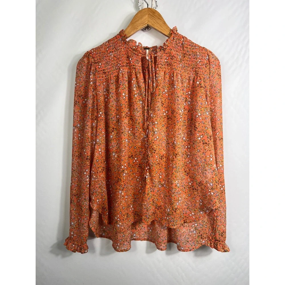 Free People Lela Orange Floral Smocked Yoke Ruffle Neck Tie‎ Blouse S OB1010657